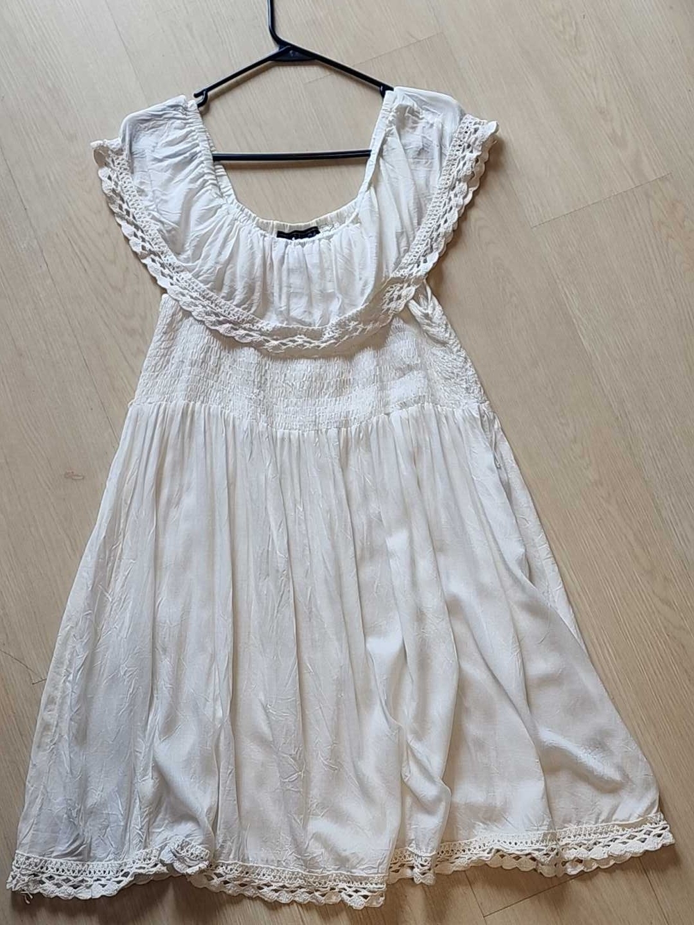 P. Luca Milano Boho Sheer Rayon Mini Dress Lace Ruffle Smocked Cream L NWOT
